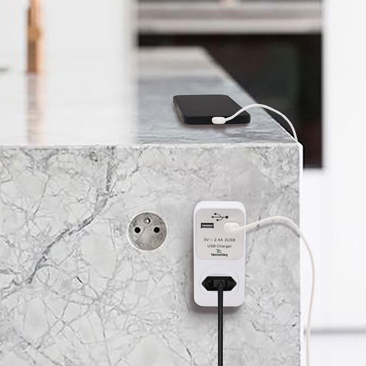 Produktbild Tecnoteq Steckdose mit 2x USB-Ladeport 2.4A Überspannungsschutz, Swiss-Edition