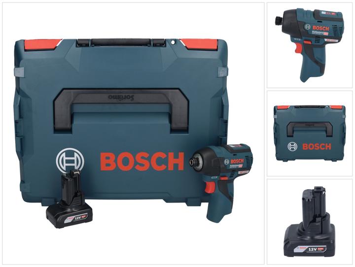 1x Bosch GDR 12V-110 Professional Visseuse à chocs sans fil, 1x Bosch GBA 12 V 6,0 Ah batterie (1600A00X7H), 1x L-Boxx 102 valise (1600A012FZ), 1x insert correspondant, sans chargeur
