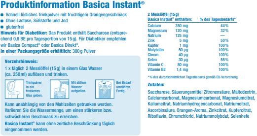 Valeurs nutritives et ingrédients Basica Instantané (1 pièce(s), Poudre, 300 g)