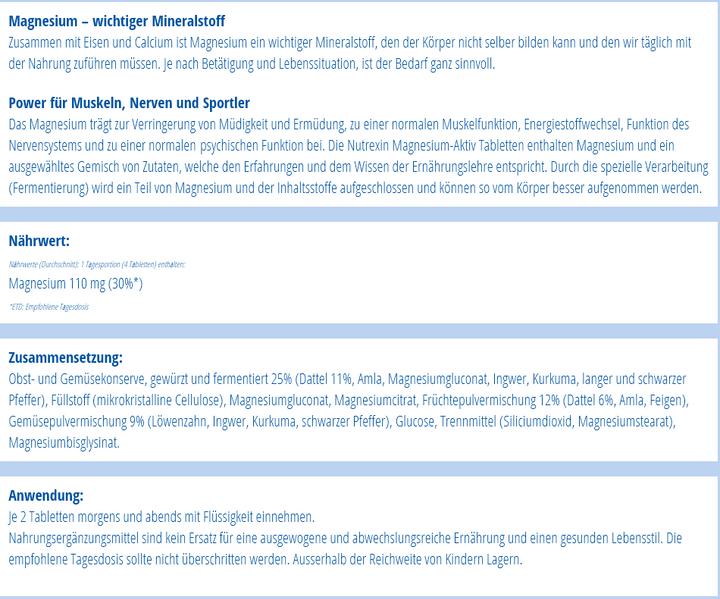 Nährwerte und Zutaten Nutrexin MagnesiumAktiv Tabletten 2 (240 Stück, Tabletten, 276 g)