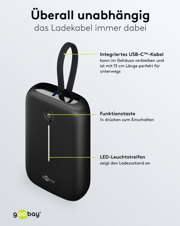 Immagine prodotto Goobay Powerbank 10.000 mAh mit integriertem USB-C-Kabel (10000 mAh, 15 W)