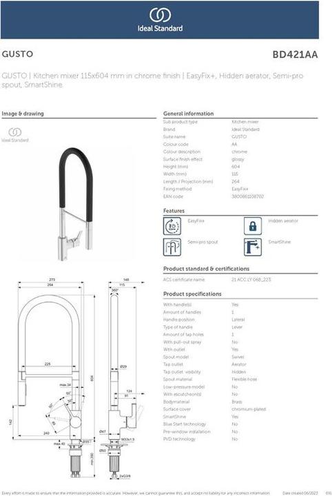 Image du produit Ideal Standard Gusto Ausld.225mm Semi-Pro 2F-Brause H:604mm