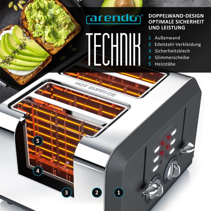 Produktbild Arendo Edelstahl Toaster 4 Scheiben, Automatik, Edelstahl, Wärmeisolierendes Doppelwandgehäuse, grau
