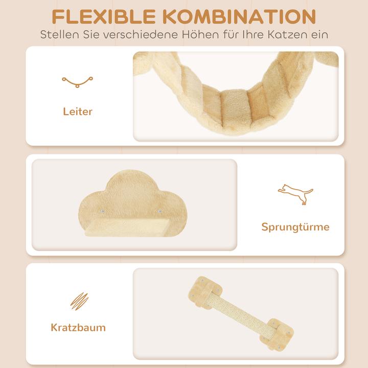 Produktbild PawHut Katzen Kletterwand Set Spanplatte, Plüsch Beige (54 cm, Beige+Cremeweiss)