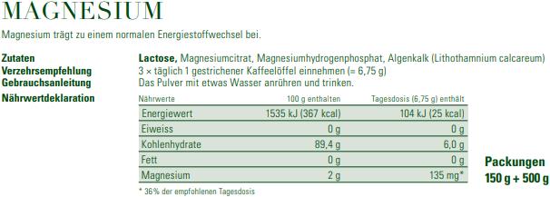 Valeurs nutritives et ingrédients Phytomed Infit Magnesium Complex Powder (1 pièce(s), Poudre, 500 g)