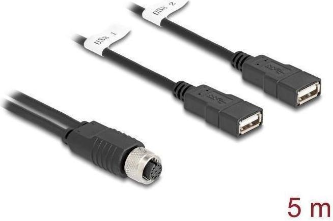Immagine prodotto Delock Cavo M12 codificato A a 8 pin per 2 x USB 2.0 tipo-A (5 m, USB 2.0)
