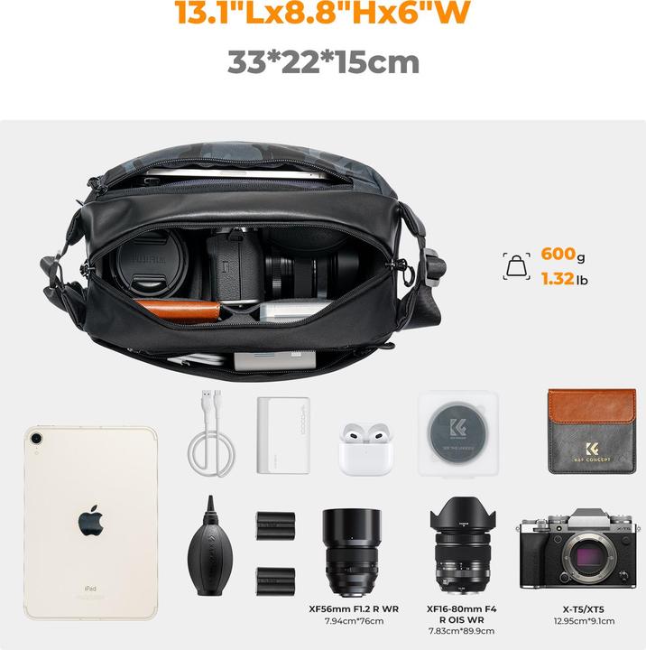 Actual product image K&F Concept Sling Bag 10L Urban Wander 01 (Black+Camouflage) (Camera shoulder bag, 10 l)