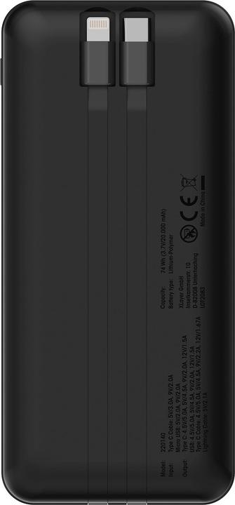 Image du produit Xlayer Powerbank 20 000 mAh avec deux câbles intégrés PD 20W Black (20000 mAh, 20 W, 74 Wh)