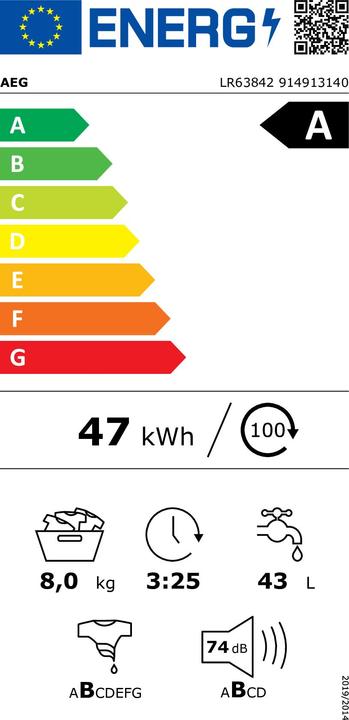 Energie-Label AEG LR63842 6000 serie ProSense - Wasmachine - 8 kg - 1400 rpm (8 kg, Links)