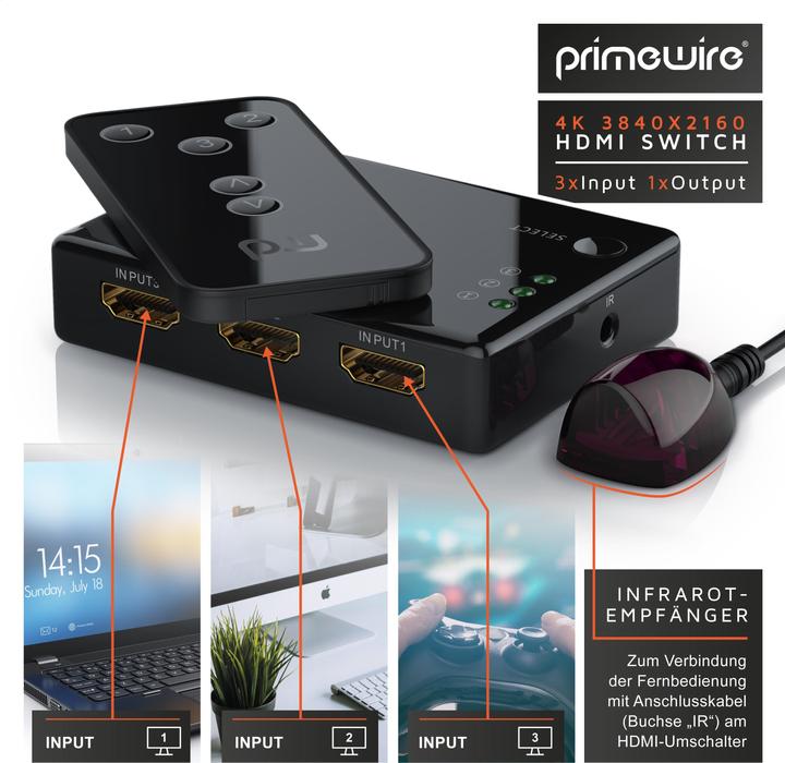 Produktbild Primewire HDMI Switch 4k Ultra HD, 3 Port Verteiler mit Fernbedienung, 4K, 3D, CEC, ARC