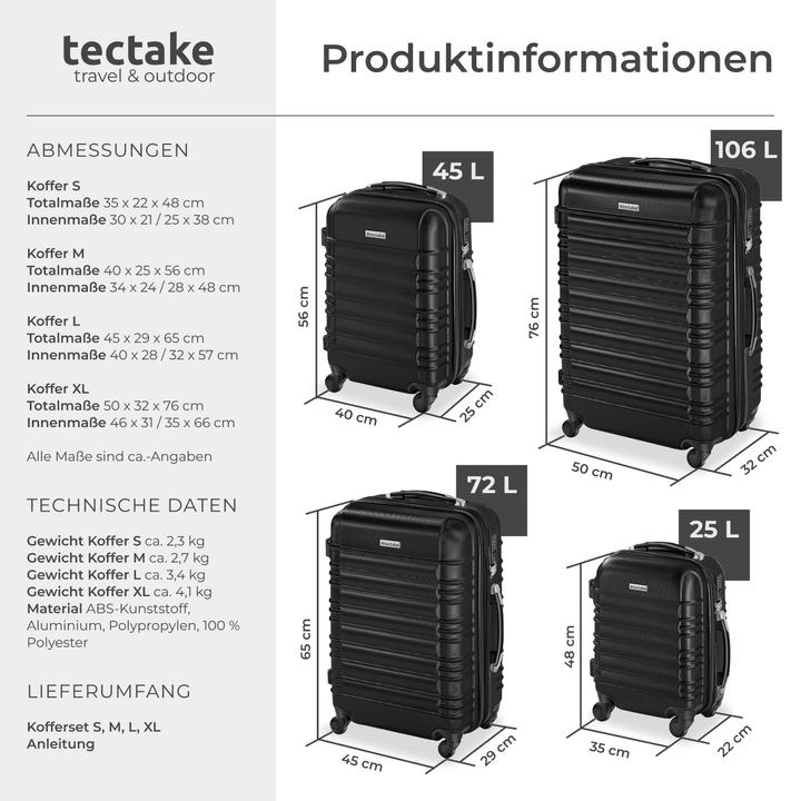 Produktbild tectake Hartschalenkofferset (106 l, Handgepäck (bis 50l), M (50 - 90l), L (90 - 115l), XL (ab 115l))