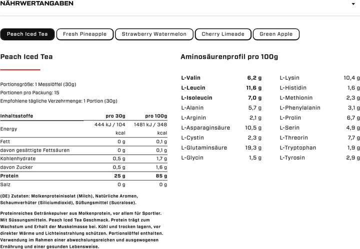 Nährwerte und Zutaten Vast AWHEY Clear (Peach Ice Tea, 1 Stk., 450 g)