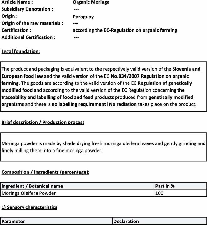 Valeurs nutritives et ingrédients Zimmerli Adaptogene Moringa BIO (1 pièce(s), Poudre, 100 g)