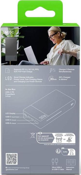 Produktbild GP Batteries GP PowerBank M2+ 20C 20000mAh 2xUSB-C/1xUSB-A schwarz LED-Anz. (20000 mAh, 22.50 W, 74 Wh)