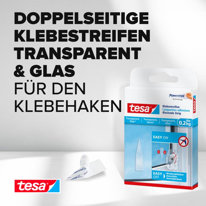 Produktbild tesa Powerstrips für Glas, transparente Klebestreifen