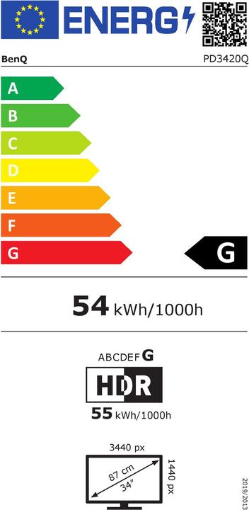 Energielabel BenQ PD3420Q (3440 x 1440 pixels, 34")