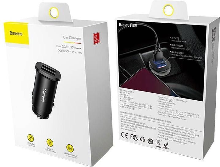 Image du produit Baseus Square metal A+A 30W Dual QC3.0 Quick Car Charger Noir