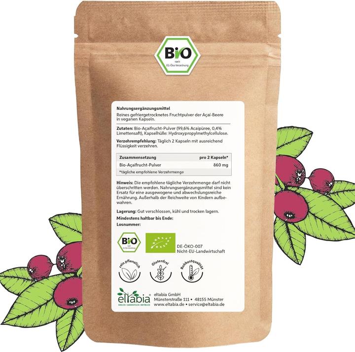 Immagine prodotto Eltabia Capsule di acai biologiche in qualità di cibo crudo liofilizzato | dose elevata di 860 mg al giorno (100 Pezzo/i, Pillole)
