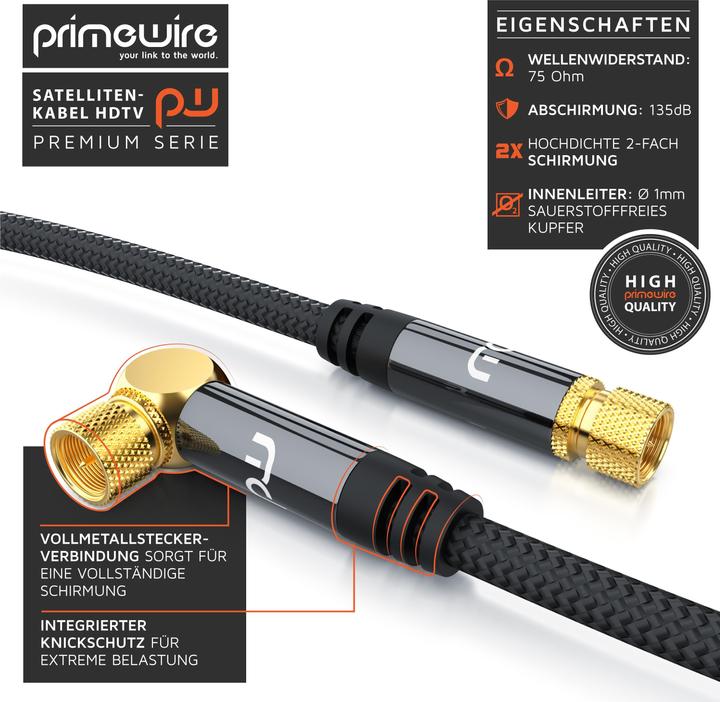 Immagine prodotto Primewire Cavo satellitare HDTV angolato con guaina in tessuto, cavo SAT, 135dB 75 Ohm 4k, connettore F, nero (135 dB, Cavi antenna)