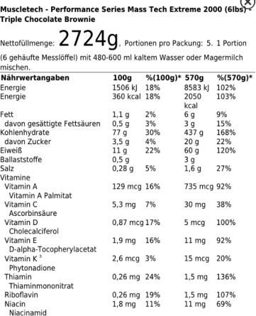 Valori nutrizionali e ingredienti Muscle Tech MuscleTech Mass Tech Extreme 2000 (Frullato alla vaniglia, 1 pz., 2720 g)