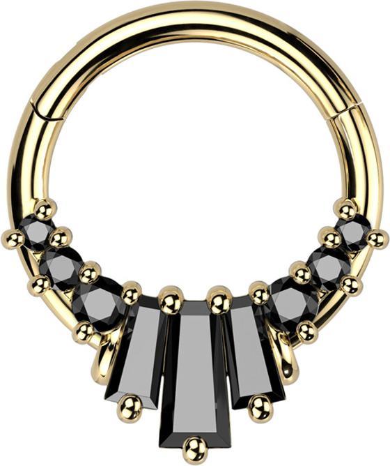 Image du produit Star Piercing Micro anneau segment pliable doré six cristaux ronds et trois cristaux Baquette noirs (Laiton, Acier chirurgical 316L)