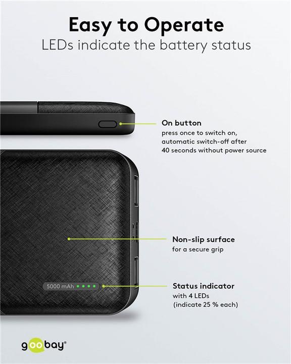 Produktbild Goobay Powerbank Kompakt 5.000 mAh (5000 mAh, 10.50 W, 3.70 Wh)