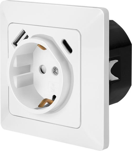 Produktbild LogiLink Unterputz-Steckdose, 1x CEE 7/3, 1x USB-A, 1x USB-C PD