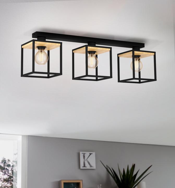 Actual product image EGLO Ceiling light steel/wood 3-light HxLxW 240x860x180 mm Libertad black/brown (E27)