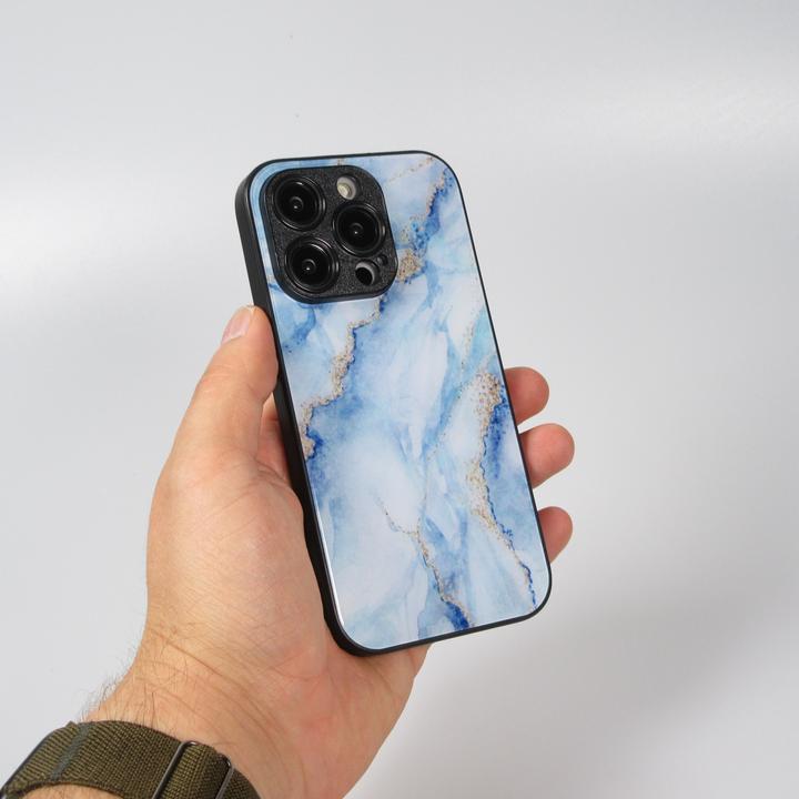 Produktbild PhoneLook Hülle Glass Marmor mit Silikonrand Hellblau (Apple iPhone 14 Pro Max)