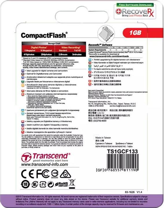 Image du produit Transcend Carte Compact Flash (1 Go, CF)