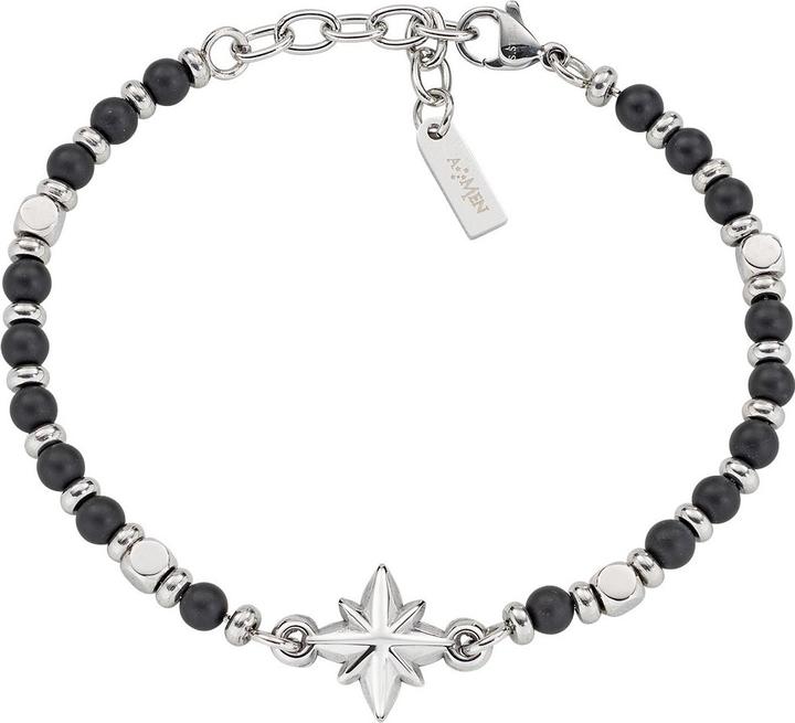 Amen Compass Rose Steel & Onyx Armband (21 cm, Edelstahl)
