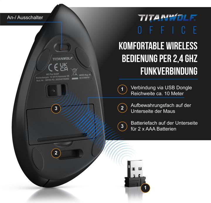 Produktbild Titanwolf Maus Vertikal wireless - ergonomische Funk Vertikalmaus 2,4 Ghz - USB Vertical Mouse - Funkmaus (Kabellos)