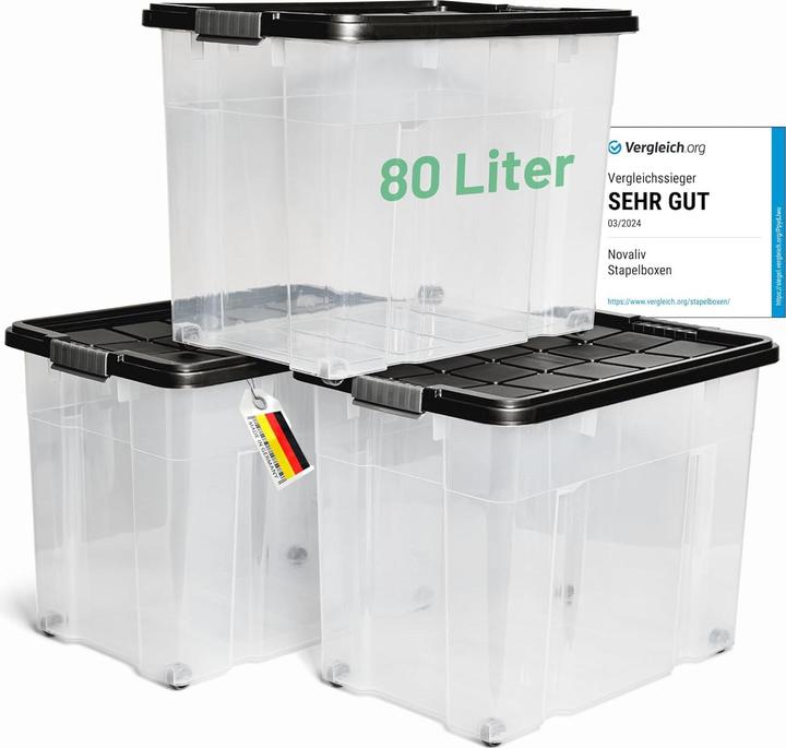 Image du produit Novaliv 3x Aufbewahrungsboxen mit Deckel Gross 80L Anthrazit nestbar stapelbar mit Clipverschluss Rol (61 x 40 x 45 cm, 80 l)