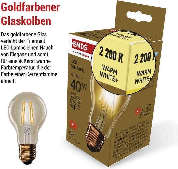 Produktbild Emos LED Lampe Vintage A60 / E27 / 4,5 W (40 W) / 420 lm / Warmweiss (E27, 4.50 W, 420 lm, 1 x, F)