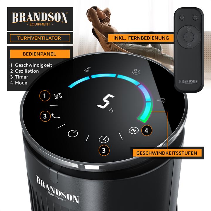 Produktbild Brandson Turmventilator, Fernbedienung, Aromafach, 40 W, Oszillation, 3 Modi, Timer, leise, Standventilator (40 dB)