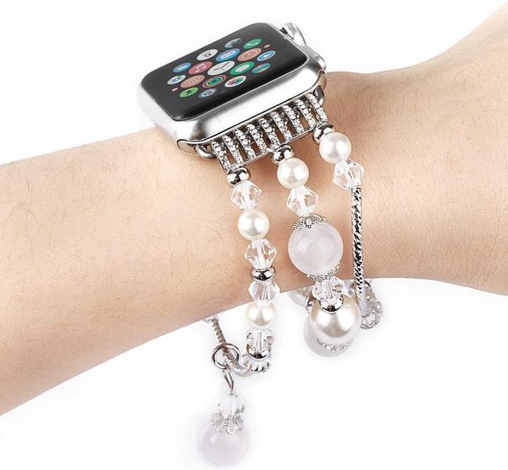 Produktbild Hermex Apple Watch 44mm / 42mm Damen Luxus Charm Armband Perlen SILBER WEISS