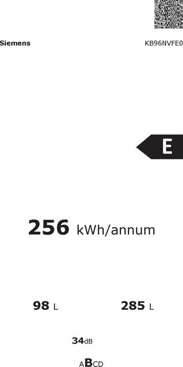 Energy Label Siemens iQ300, Built-in fridge-freezer with freezer section below, 193.5 x 70.8 cm, flat hinge, KB (383 l)