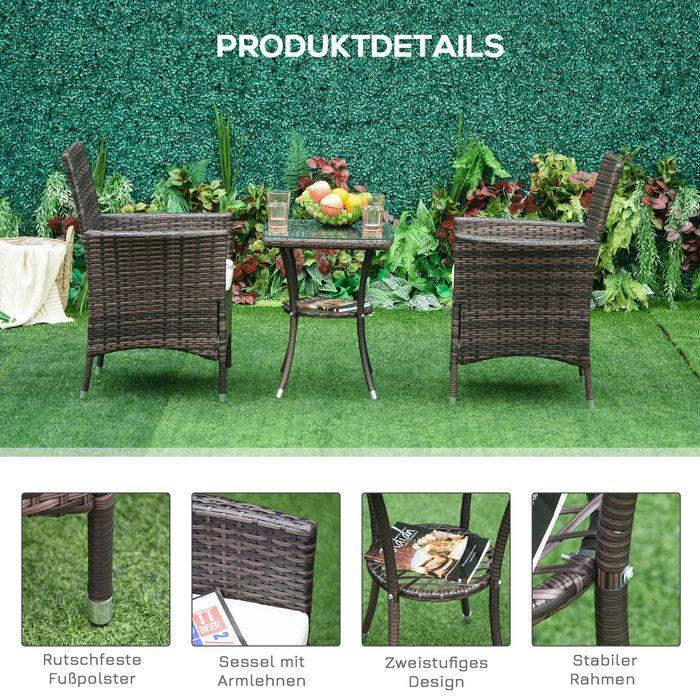 Produktbild Swisshandel24 Rattan Gartenmöbel Set mit Beistelltisch 3-tlg. Balkonmöbel Set mit Sitzkissen Polyrattan + Stahl Br