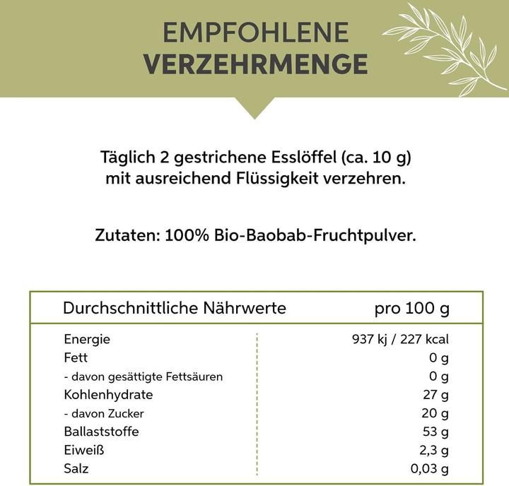 Valeurs nutritives et ingrédients Eltabia Poudre de baobab bio | Baobab moulu | Apothicaire qualité crudité (Poudre, 100 g)