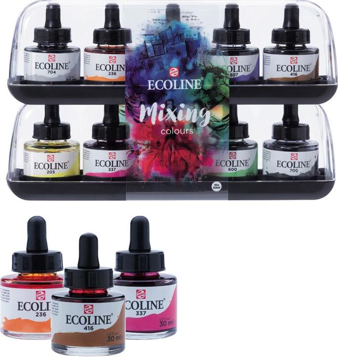 Produktbild Talens Ecoline Set (Zitronengelb, Magenta, Sky Blue, Green, Black, Grey, Bright Orange, Vermilion, Sepia, Ultramarinviolett, 300 ml)