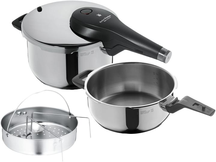 Produktbild WMF Schnellkochtopf 3tlg 4,5+3,0l Dampfkochtopf Perfect Premium Induktion (22 cm, Dampfkochtopf, Edelstahl)