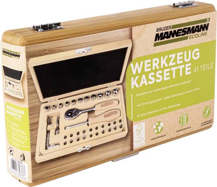 Produktbild Mannesmann Steckschlüsseleinsatz Werkzeugsatz im Bambuskoffer 41tlg. (41 Teile)