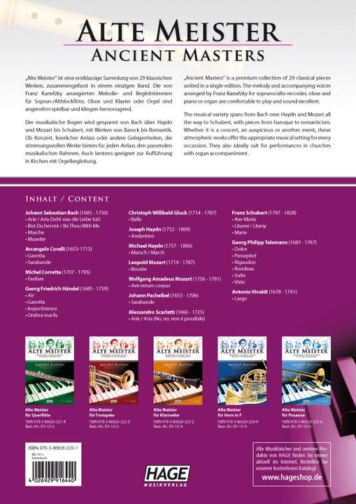 Produktbild Alte Meister für Sopran-/Altblockflöte und Klavier/Orgel (Englisch, Deutsch, Helmut Hage, Franz Kanefzky, 2011)