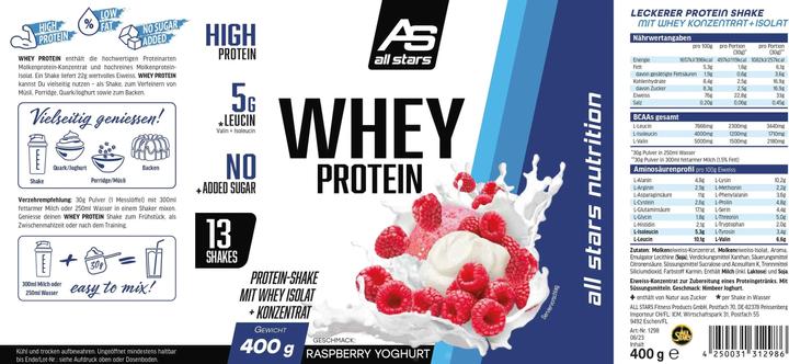 Valeurs nutritives et ingrédients All Stars 100% Whey Protein (boîte de 400G) (Yaourt à la framboise, 1 pcs)