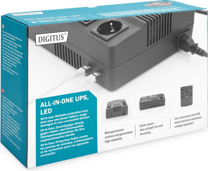 Actual product image Digitus All-in-One UPS, 600VA/360W, LED x1, 4x CEE 7/7,3x IEC C13, USB (600 VA, 360 W, Line-interactive UPS)