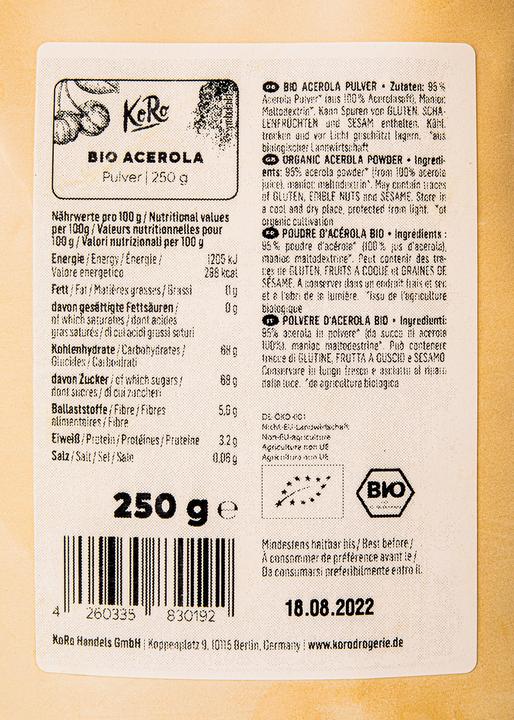Nutritional values and ingredients KoRo Organic acerola powder (250 g)