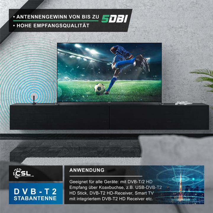 Produktbild CSL DVB-T2 Stabantenne für Innenbereich, digitale Antenne mit 4m Kabel / inkl. F-Stecker Adapter (Stabantenne, 5 dB, DVB-T / -T2)