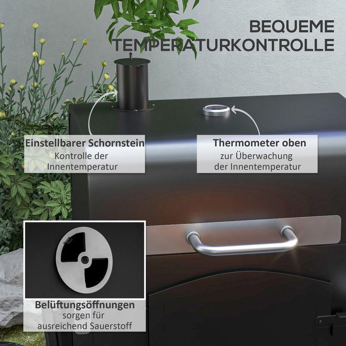 Produktbild Swisshandel24 Holzkohlegrill BBQ Gartengrill mit Deckel, Ablagen, Smoker, Warmhalteplatte, Regale, Transportrollen (54 cm)