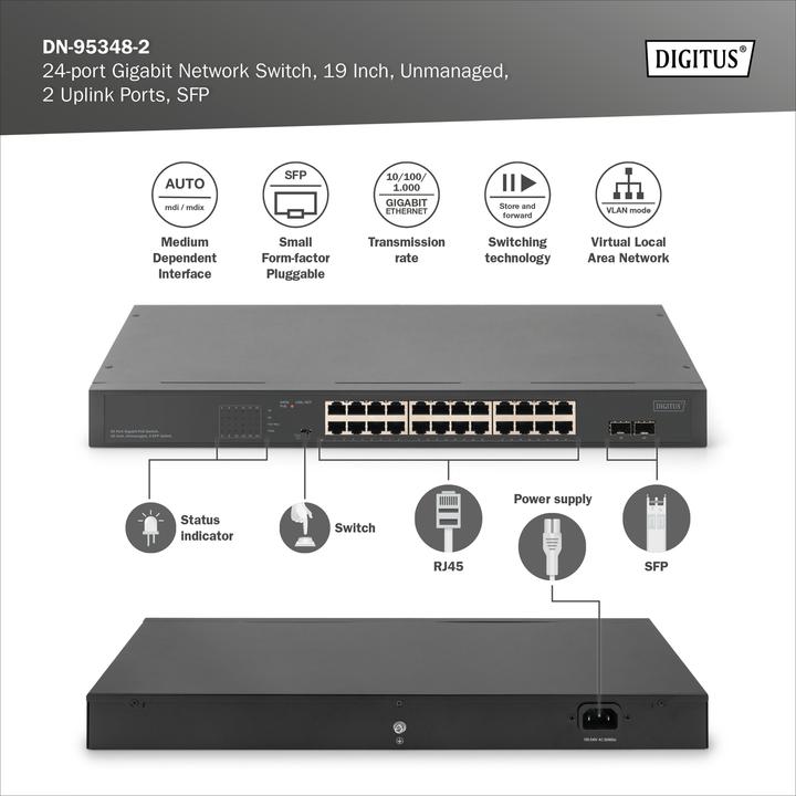Produktbild Digitus 24-Port Gigabit Netzwerkswitch, 19 Zoll, unmanaged,2 Uplink Ports, SFP (24 Ports)
