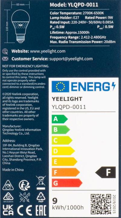 Energy Label Yeelight Inteligentna żarówka W4 E27 (kolor) 1szt (E27, 4 W, 806 lm, 1 x, F)